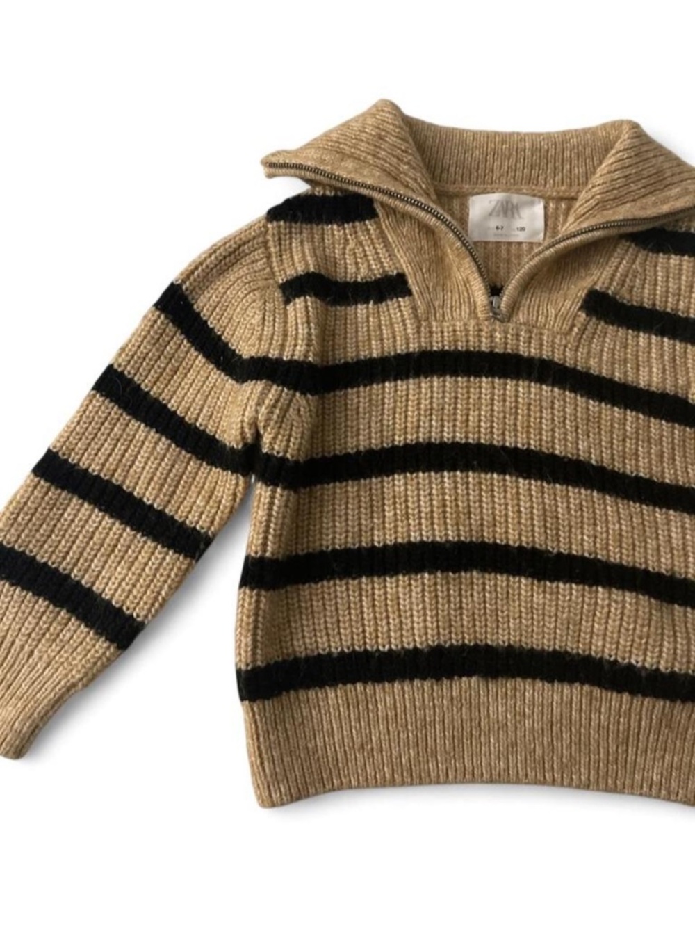 Zara Kids black and light brown tan striped quarter zip knit sweater Size 6-7